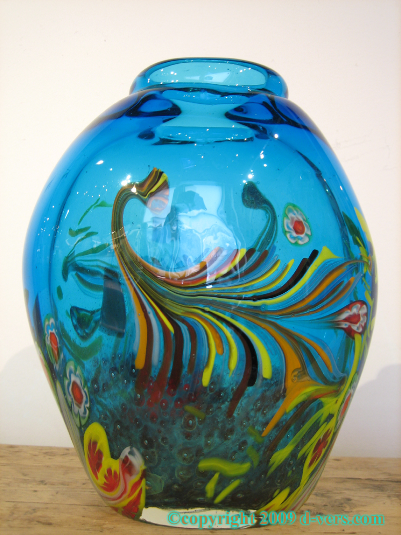 Murano Italian Art Glass Vase in blue with floral design, made in the 20th Century  