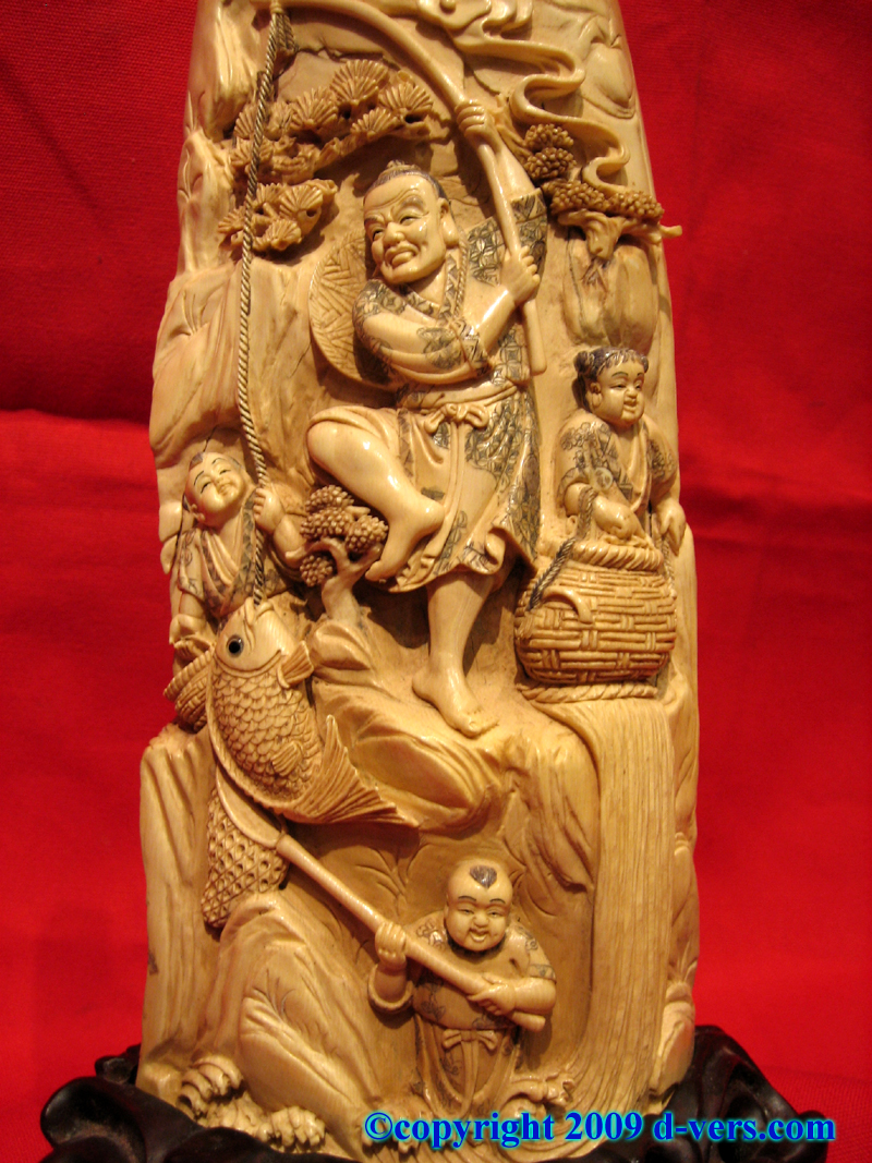Carved Ivory Chinese Wooly Mammoth Tusk of a group of fishermen 