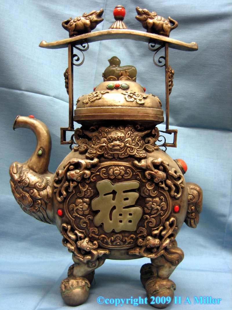 Chinese Winepot Tea Pot silver overlaid on pewter with semi-precious stones and jadeite inlaid 